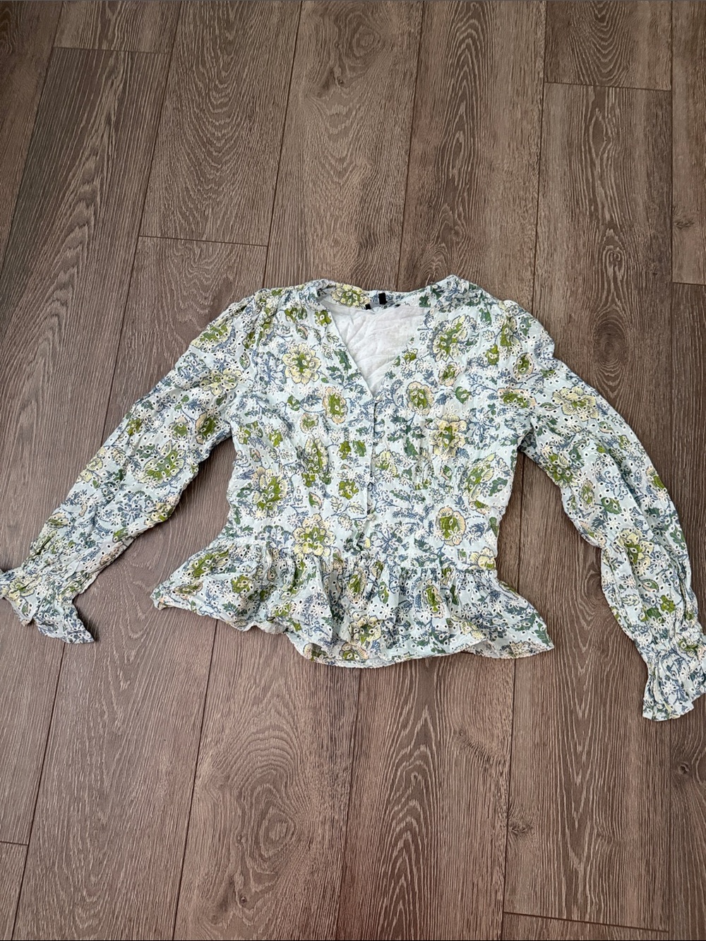 7 For All Mankind White Blouse with Green Floral Print